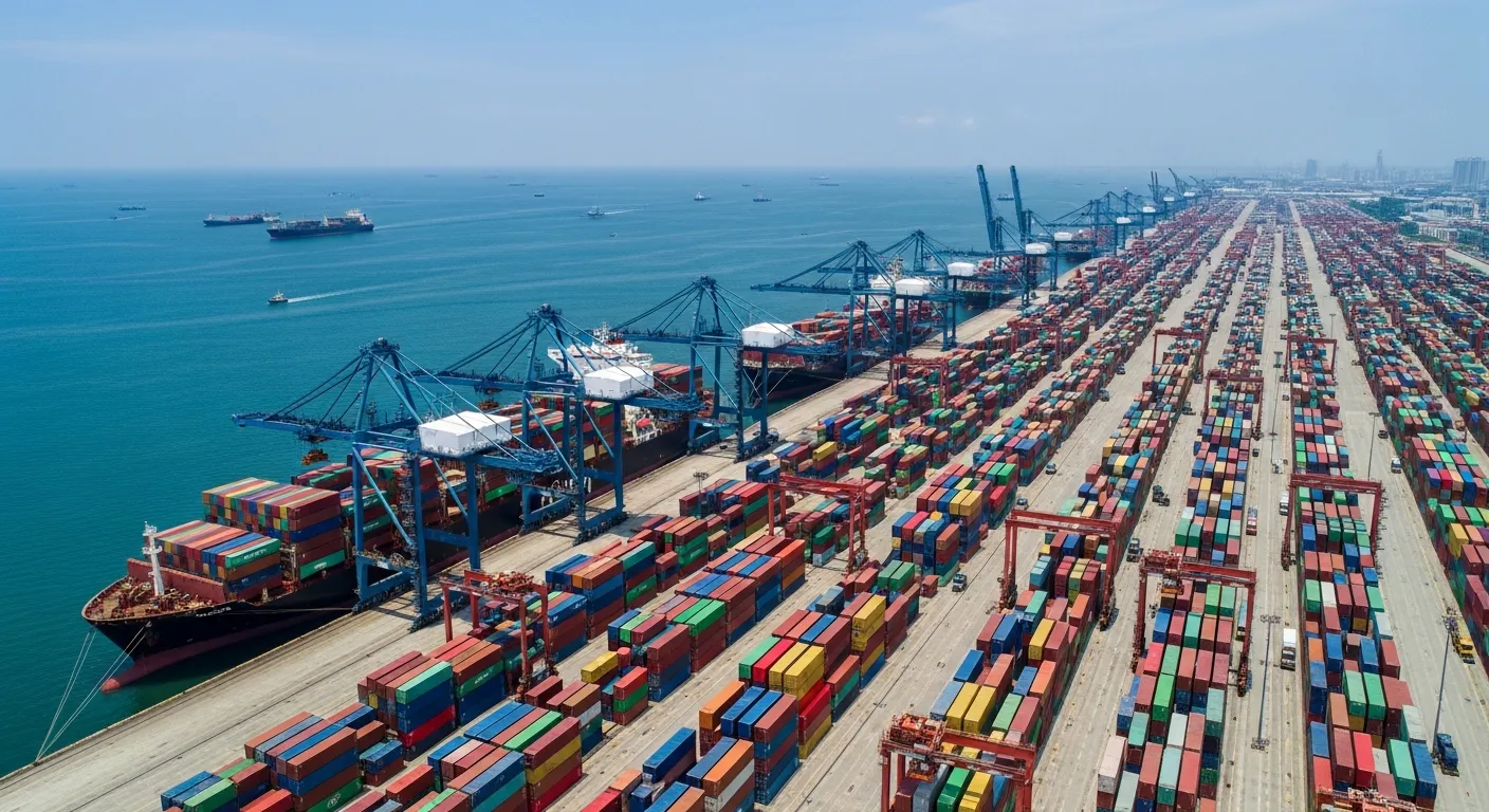 Aerial view of a container port and global supply-chain operations
